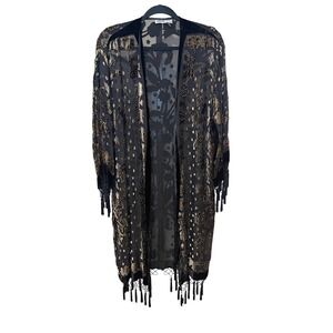 Chicos Vintage Black Gold Silk Burnout Velvet Beaded Fringed Kimono Duster S/M